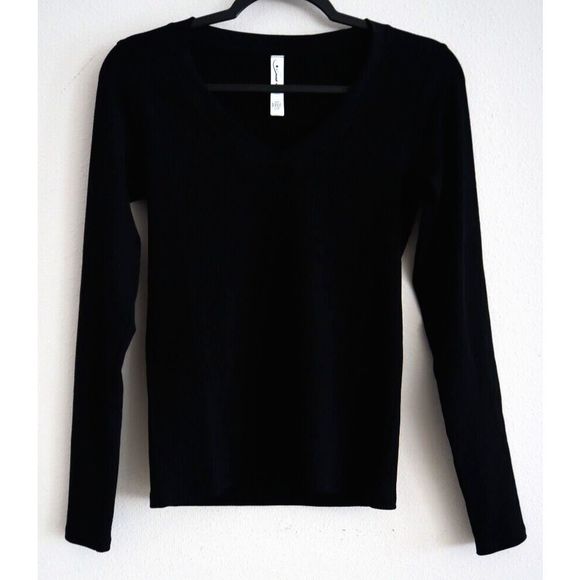Athleta 981530-00 Women's Sz S Black Renew V-Neck Long Sleeve Ribbed Top - Picture 1 of 4